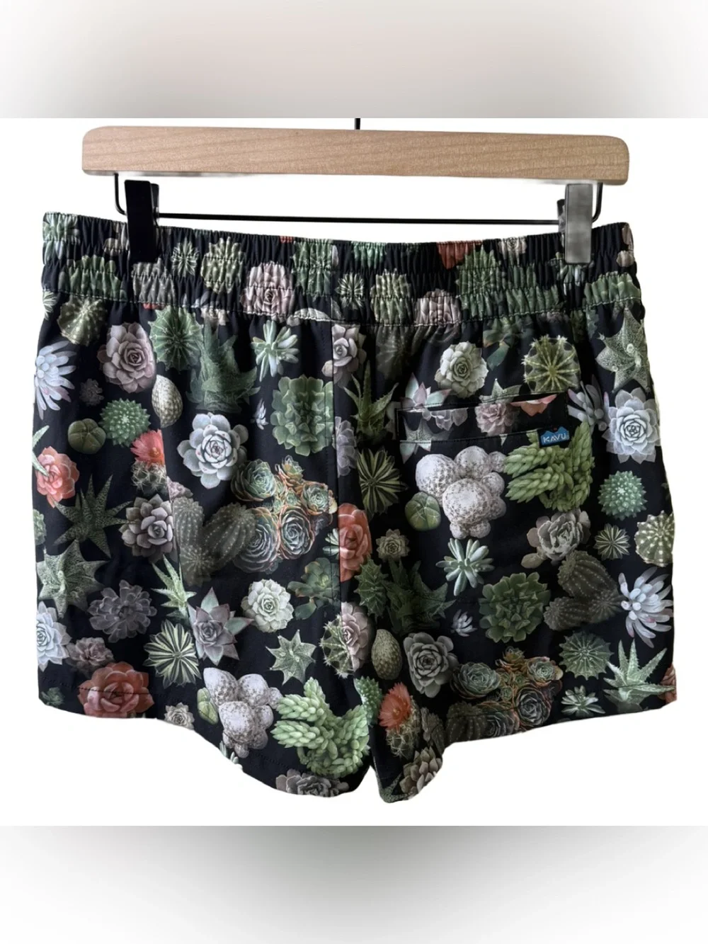 Kavu Women’s Black Athletic Shorts with Green & Coral Succulent Print - Picture 2 of 5